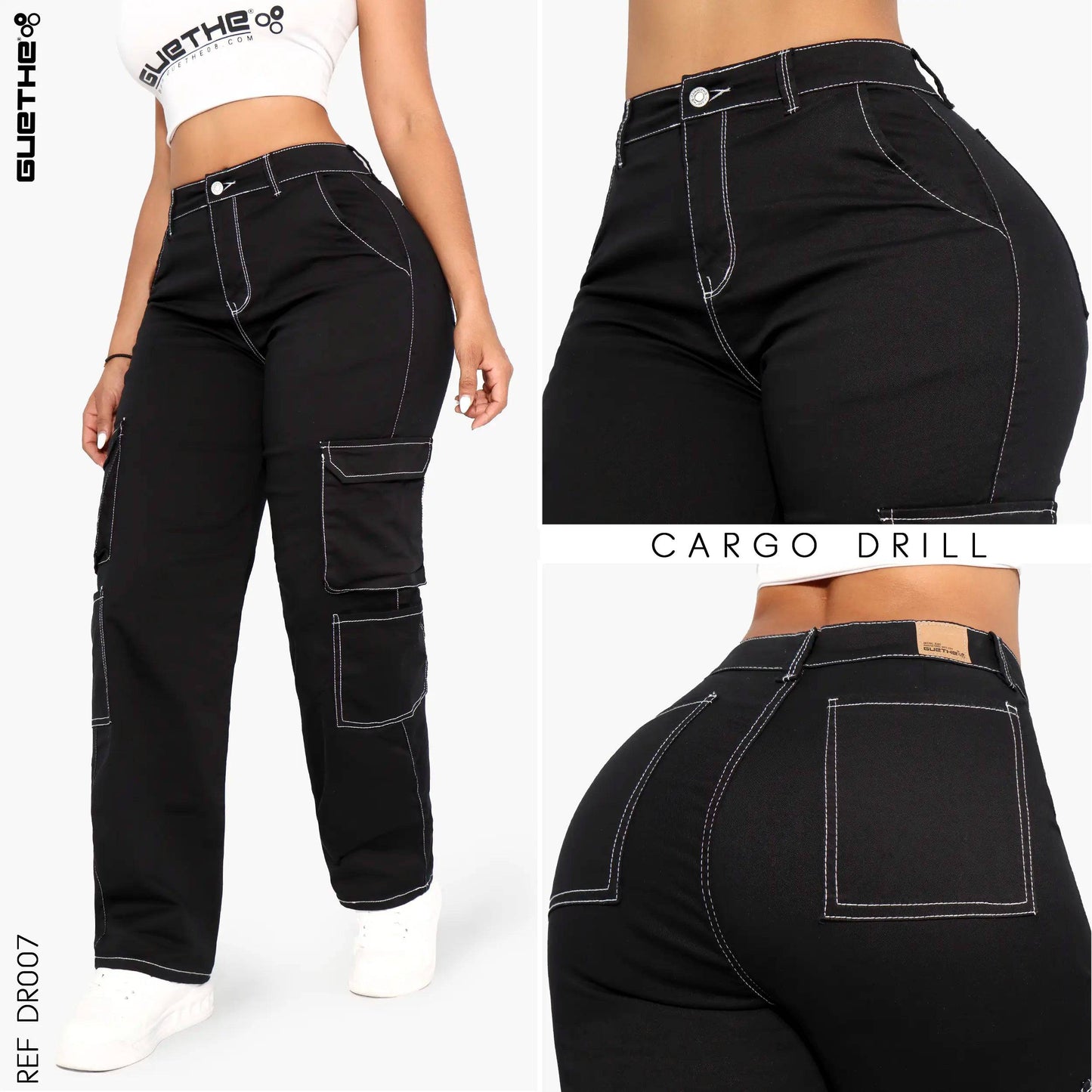 Pantalón Drill Cargo Negro con Hilo Blanco DR007